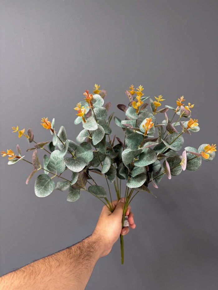 Rustic Charm Artificial Eucalyptus Arrangement – Green & Orange Blooms in Matte Black Vase AR34