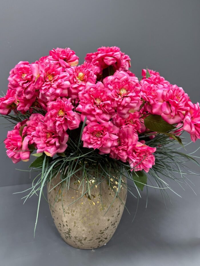 Dazzling Artificial Hot Pink Rose Arrangement in Artisan Gold-Speckled Vase – Luxury Faux Floral Decor AR10