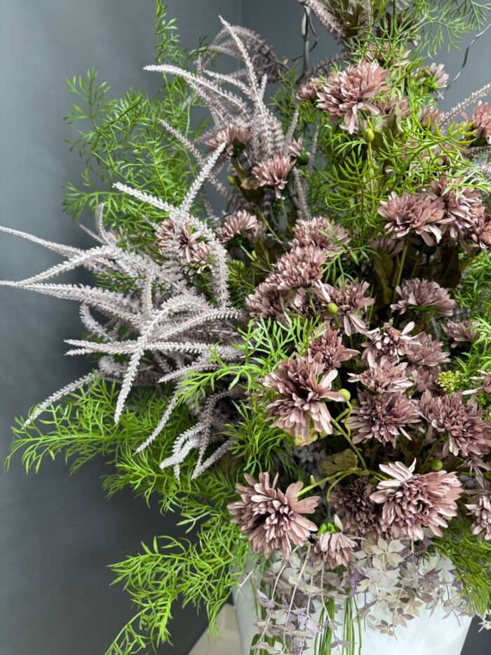 Elegant Artificial Floral Arrangement in Tall White Vase – Mixed Greens & Mauve AR12