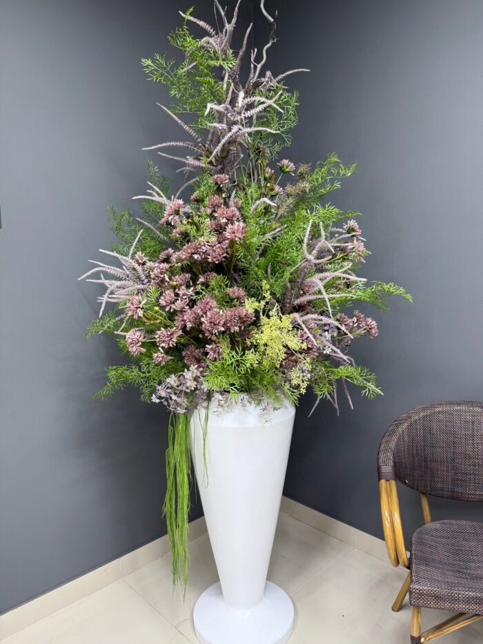 Elegant Artificial Floral Arrangement in Tall White Vase – Mixed Greens & Mauve AR12