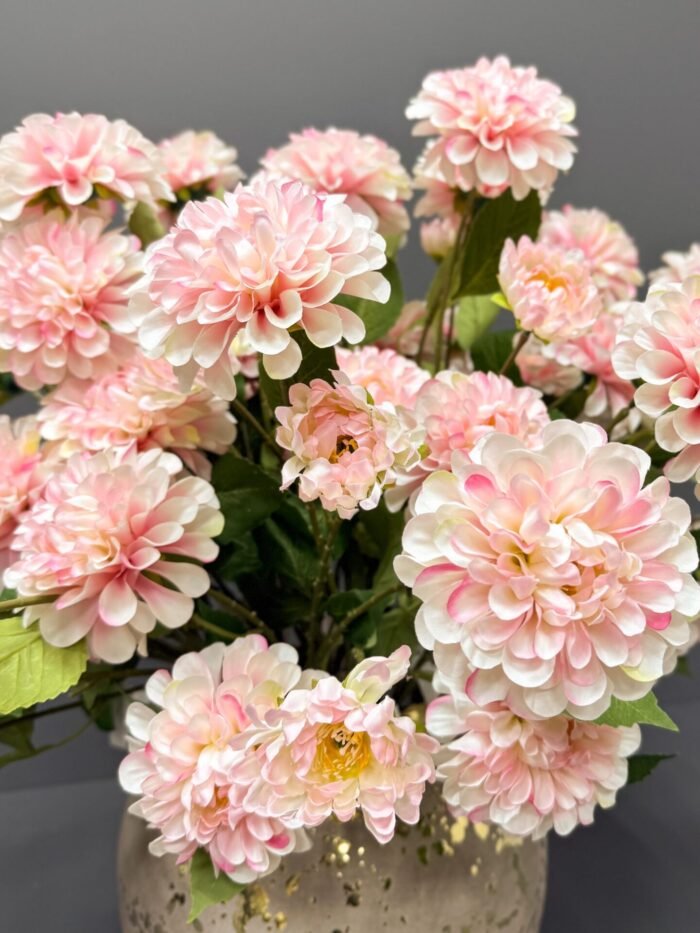 Artificial Pink Dahlia Flower Arrangement in Gold Speckled Vase – Luxury Faux Floral Decor AR5