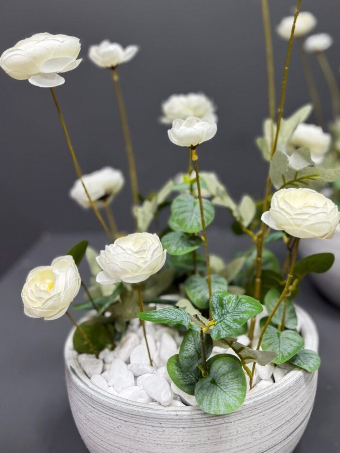 Artificial White Ranunculus Floral Arrangement in Textured Bowl Pot – Elegant Faux Flowers. AR6