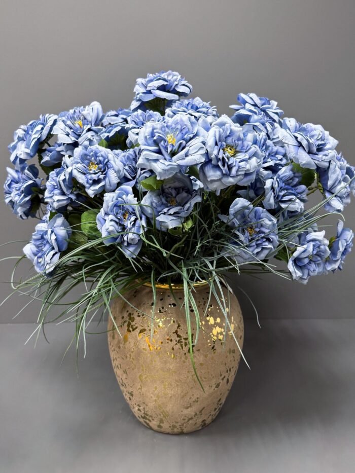 Luxurious Artificial blue flowers Arrangement in Gold Speckled Vase – Elegant Faux Floral Centerpiece AR8