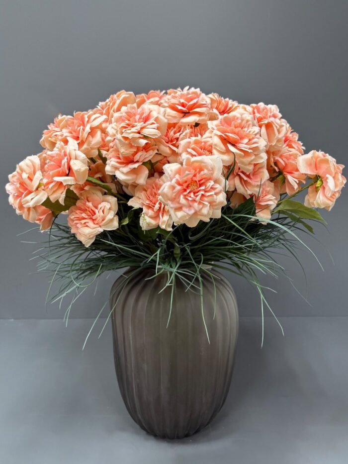 Vibrant Artificial Coral Flower Arrangement in Modern Ribbed Vase – Luxury Faux Floral Decor AR9