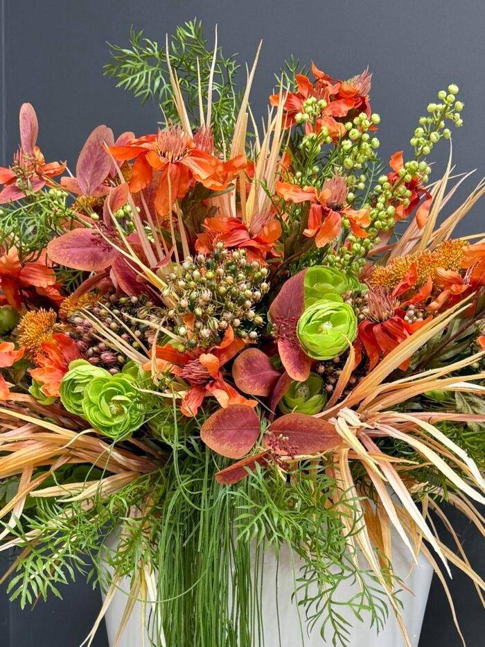 Grand Artificial Tropical Bloom & Foliage Arrangement – Vibrant Orange, Green & Red – AR44