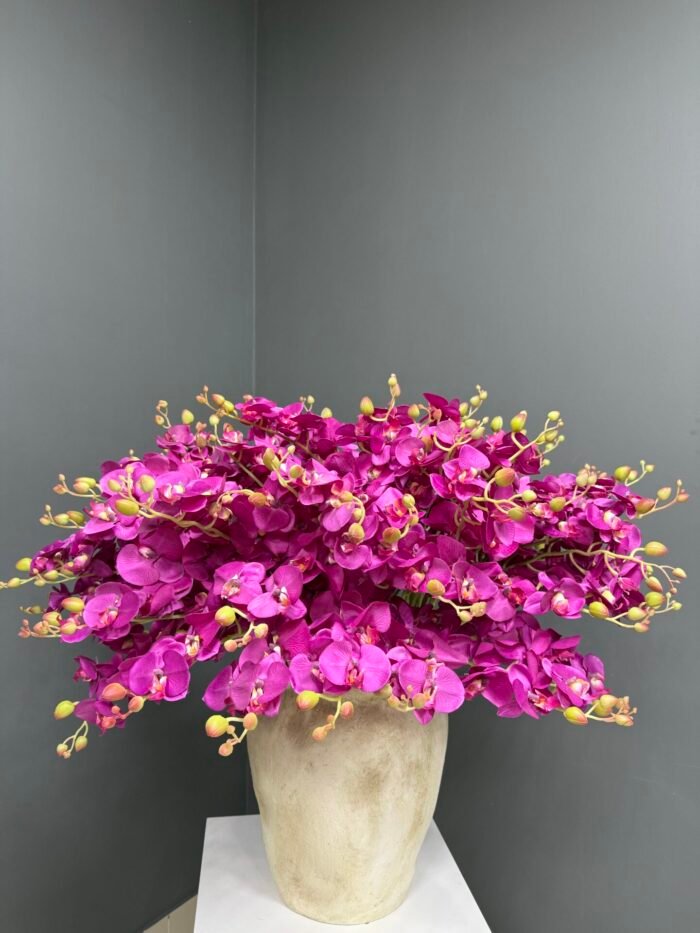 Exquisite Artificial Fuchsia Orchid Arrangement in Rustic Beige Pot – Bold & Elegant – AR45