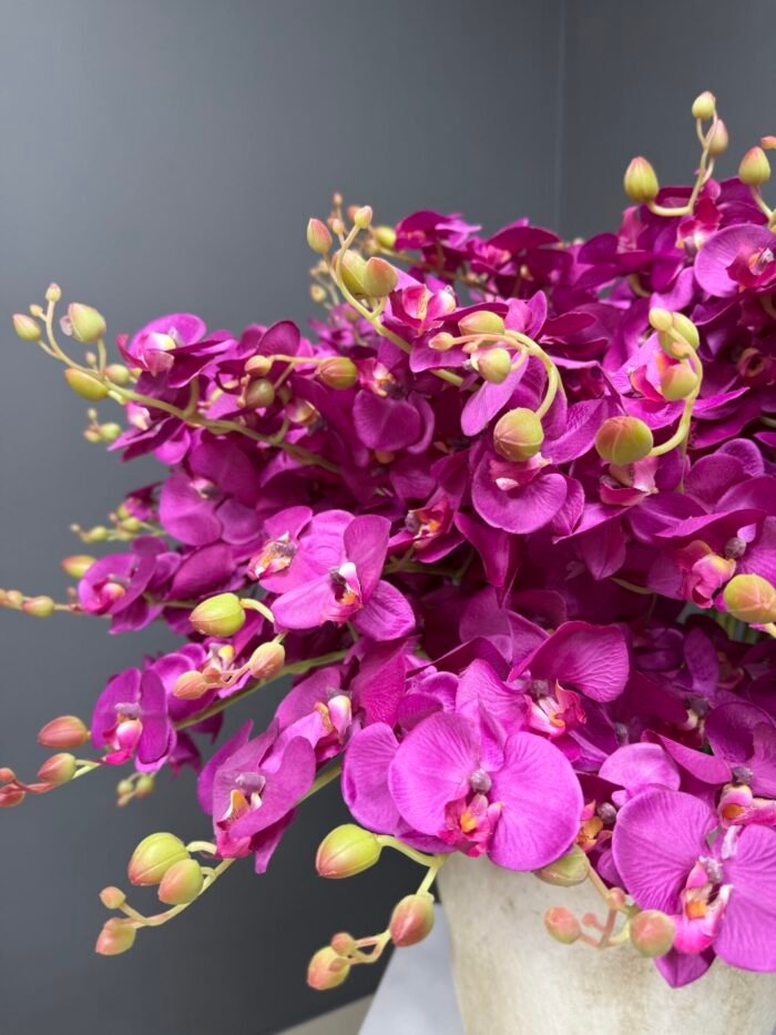 Exquisite Artificial Fuchsia Orchid Arrangement in Rustic Beige Pot – Bold & Elegant – AR45