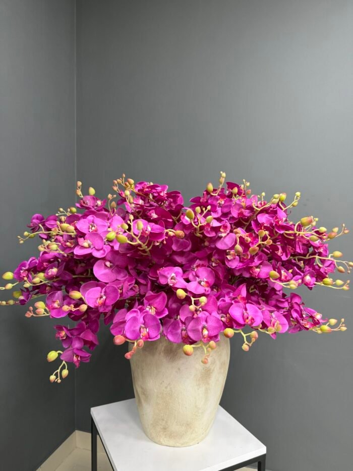 Exquisite Artificial Fuchsia Orchid Arrangement in Rustic Beige Pot – Bold & Elegant – AR45