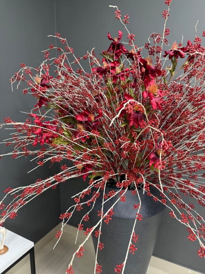 Dramatic Artificial Red Berry & Deep Floral Arrangement in Matte Grey Vase – Bold & Modern – AR46