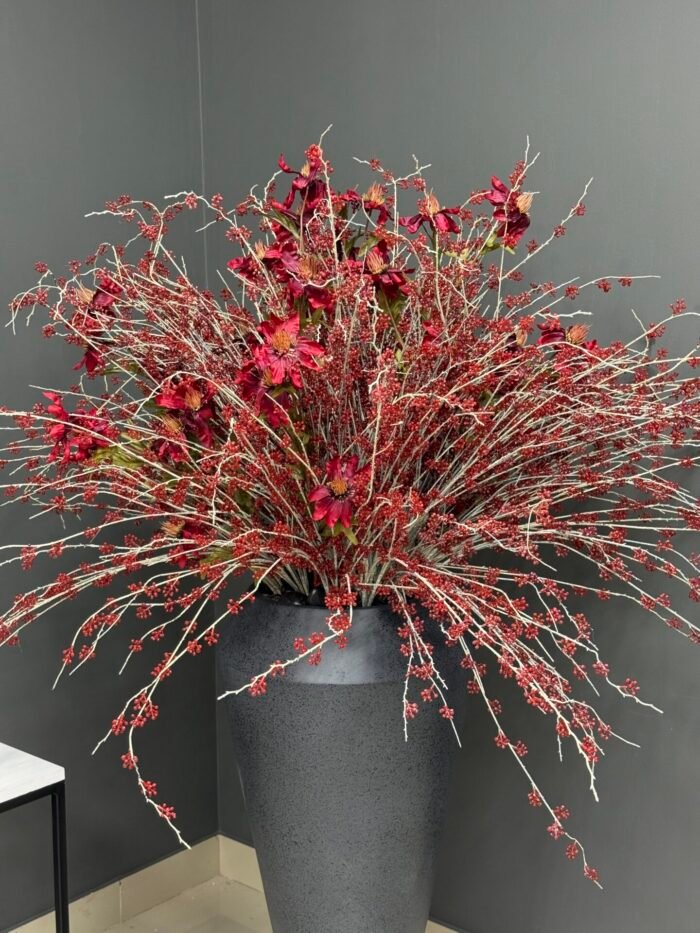 Dramatic Artificial Red Berry & Deep Floral Arrangement in Matte Grey Vase – Bold & Modern – AR46