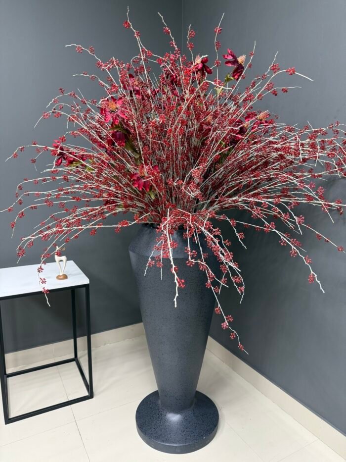 Dramatic Artificial Red Berry & Deep Floral Arrangement in Matte Grey Vase – Bold & Modern – AR46