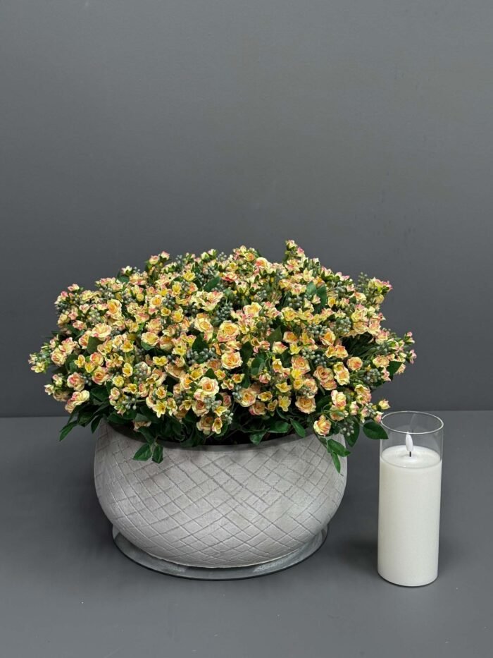 Artificial Yellow & Green Floral Arrangement in Textured Grey Pot