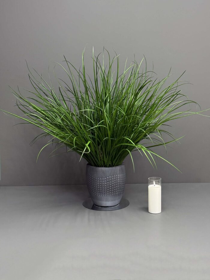Artificial Green Grass Plant in Textured Grey Pot – Modern & Sleek – AR58