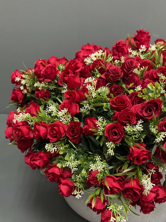 Artificial Red Rose & White Accent Floral Arrangement in Textured Grey Pot – Romantic & Classic – AR59