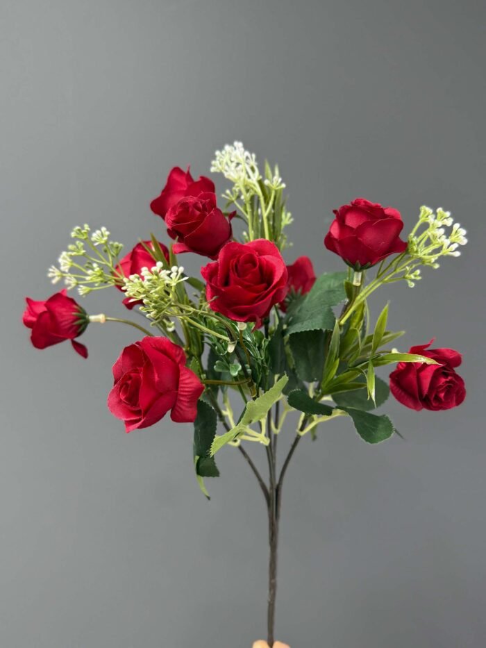 Artificial Red Rose & White Accent Floral Arrangement in Textured Grey Pot – Romantic & Classic – AR59