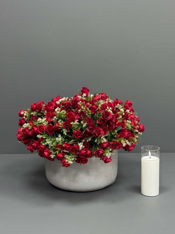 Artificial Red Rose & White Accent Floral Arrangement in Textured Grey Pot – Romantic & Classic – AR59