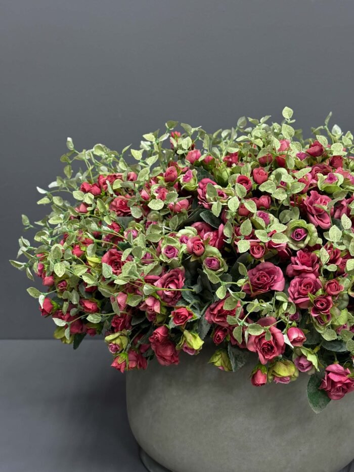 Artificial Deep Red Rose & Green Foliage Arrangement in Concrete Grey Pot – AR60