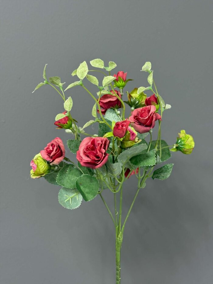 Artificial Deep Red Rose & Green Foliage Arrangement in Concrete Grey Pot – AR60