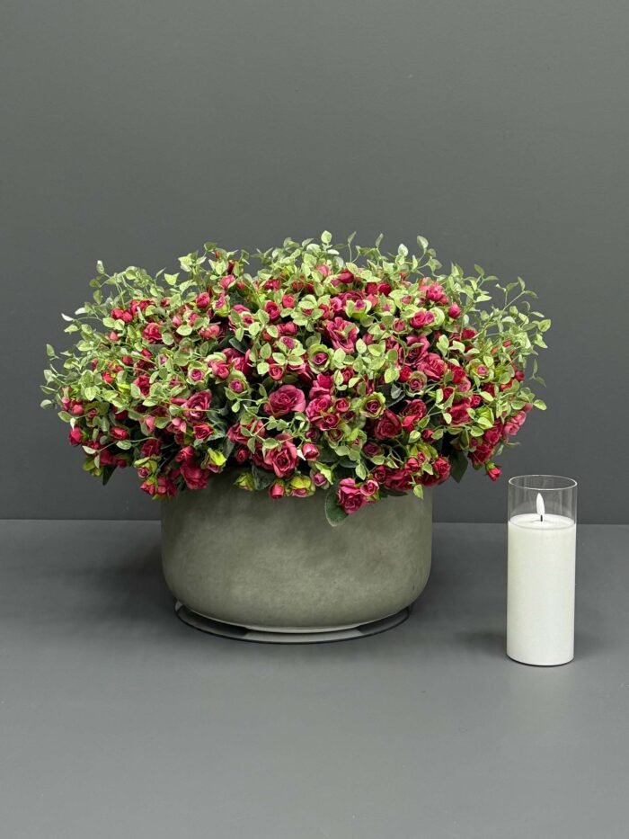Artificial Deep Red Rose & Green Foliage Arrangement in Concrete Grey Pot – AR60