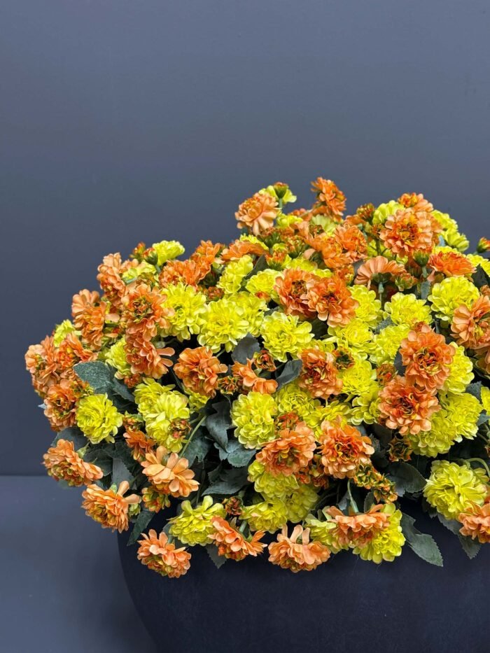 Vibrant Artificial Chrysanthemum Bush in Matte Black Pot – Orange & Yellow Hues – AR50
